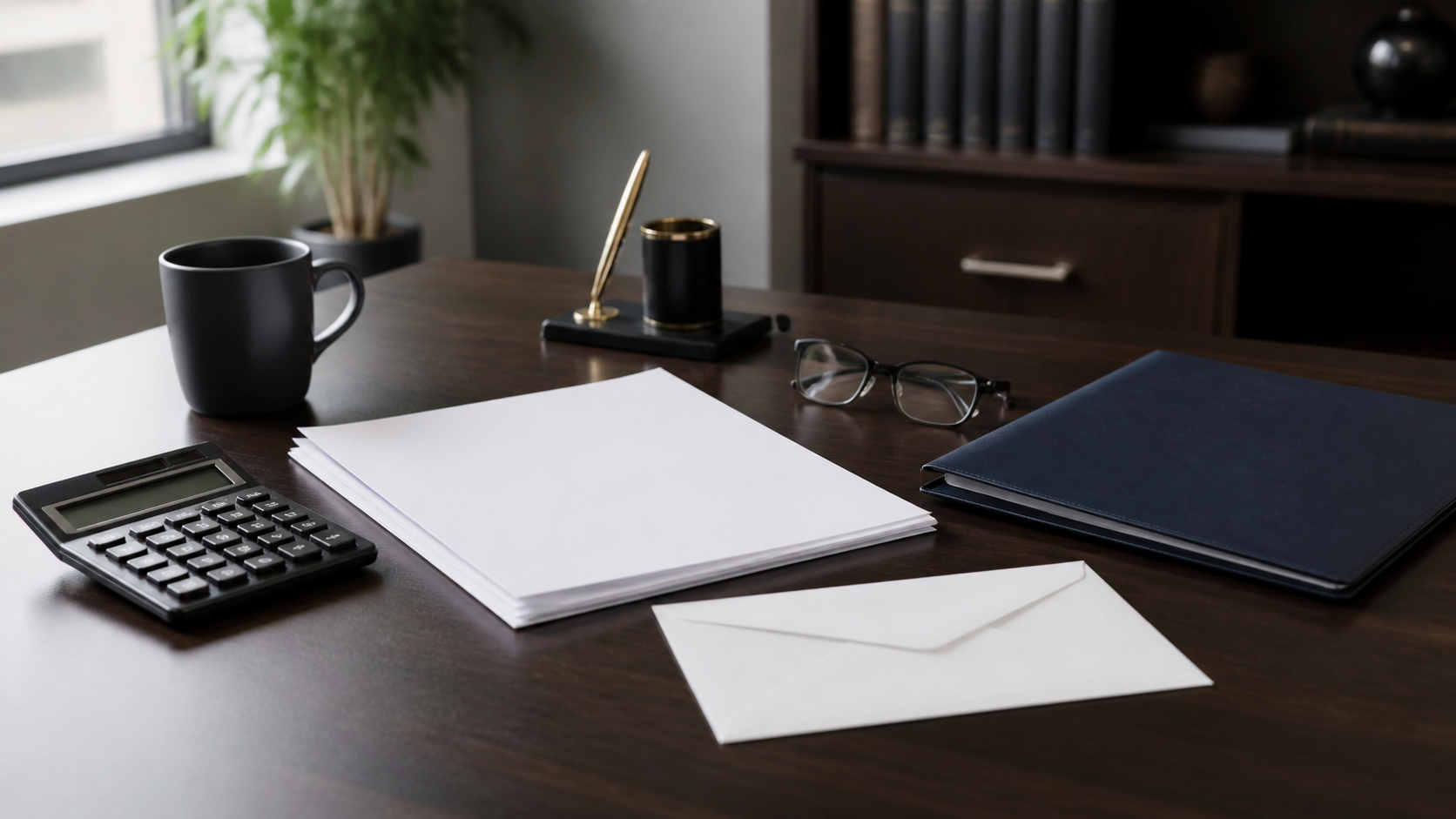 Tax resolution workspace with blank papers, calculator, envelope, and document folder