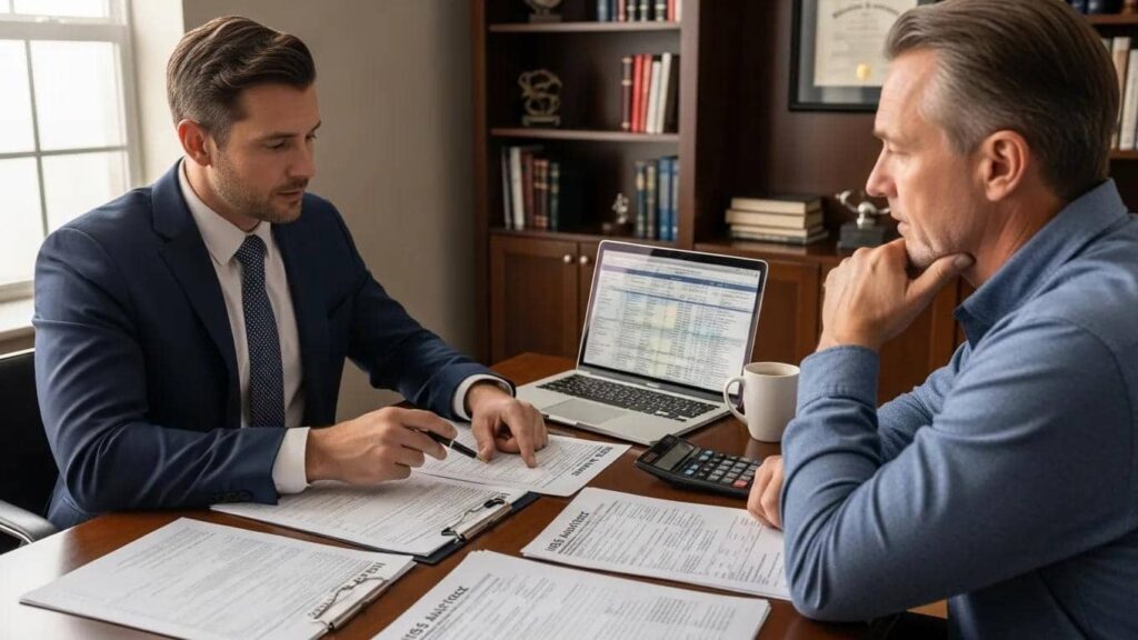 Tax attorney and client discussing financial documents and IRS audit representation.