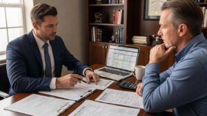 Tax attorney and client discussing financial documents and IRS audit representation.