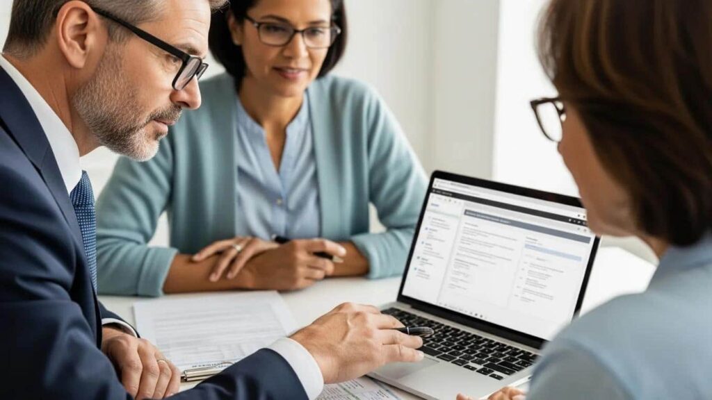 Tax lawyer and client reviewing tax debt relief options on a laptop