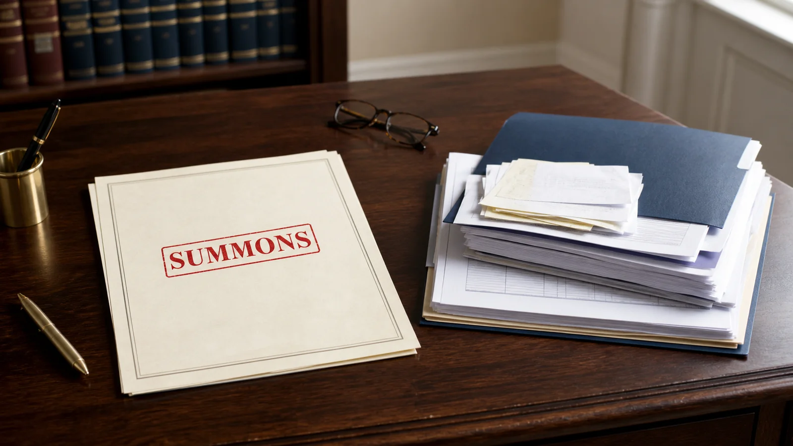 A stamped summons beside organized tax records on a law office desk